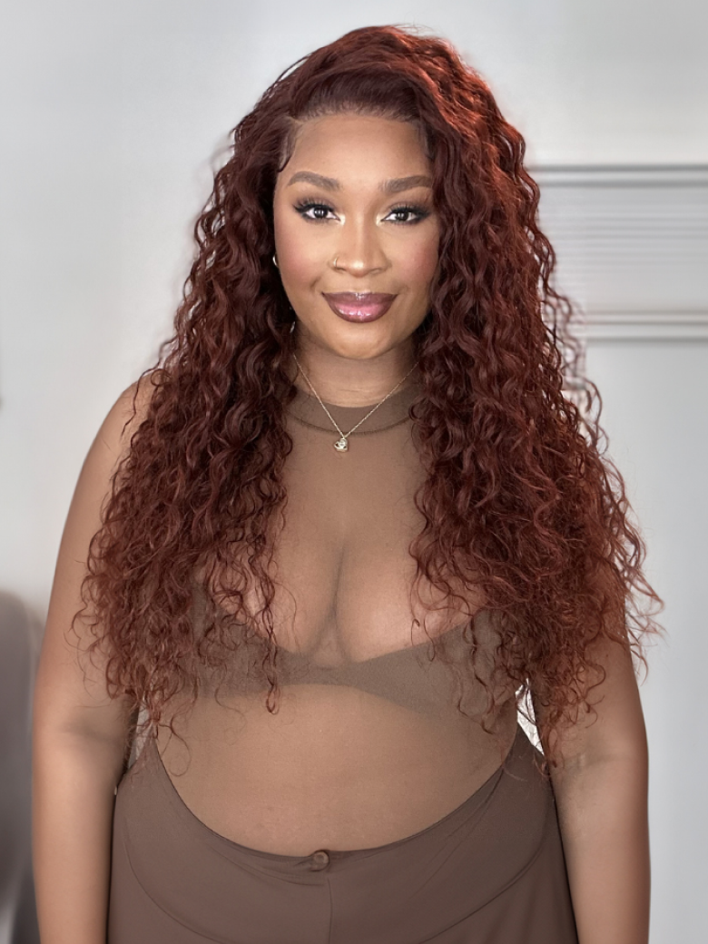 [From 18"] 6X4.5 Pre-Cut Lace Reddish Brown Water Wave Put On And Go Air Wig 150% Density