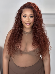 [From 18"] 6X4.5 Pre-Cut Lace Reddish Brown Water Wave Put On And Go Air Wig 150% Density