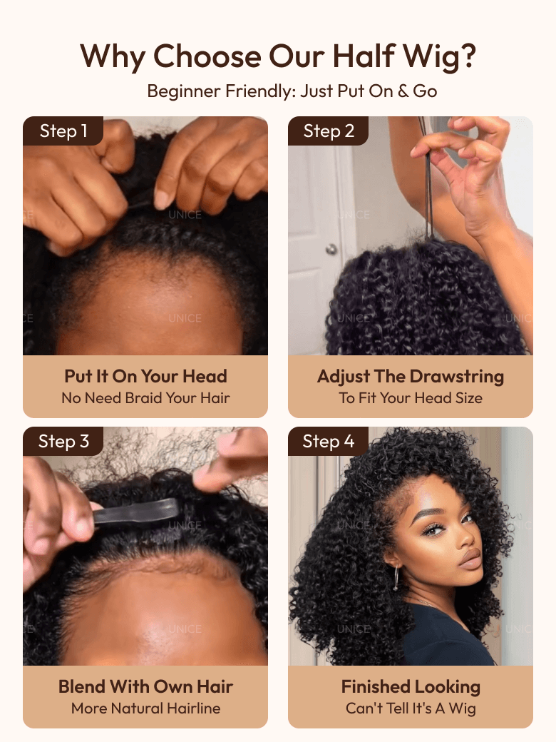 Blend & Secure Half Wig Kinky Curly Glueless Wig for Beginners