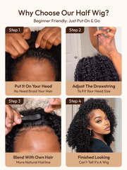 Blend & Secure Half Wig Kinky Curly Glueless Wig for Beginners