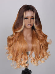 13x4 Lace Front Golden Brown Ombre Loose Wave Wig With Blonde Streaks