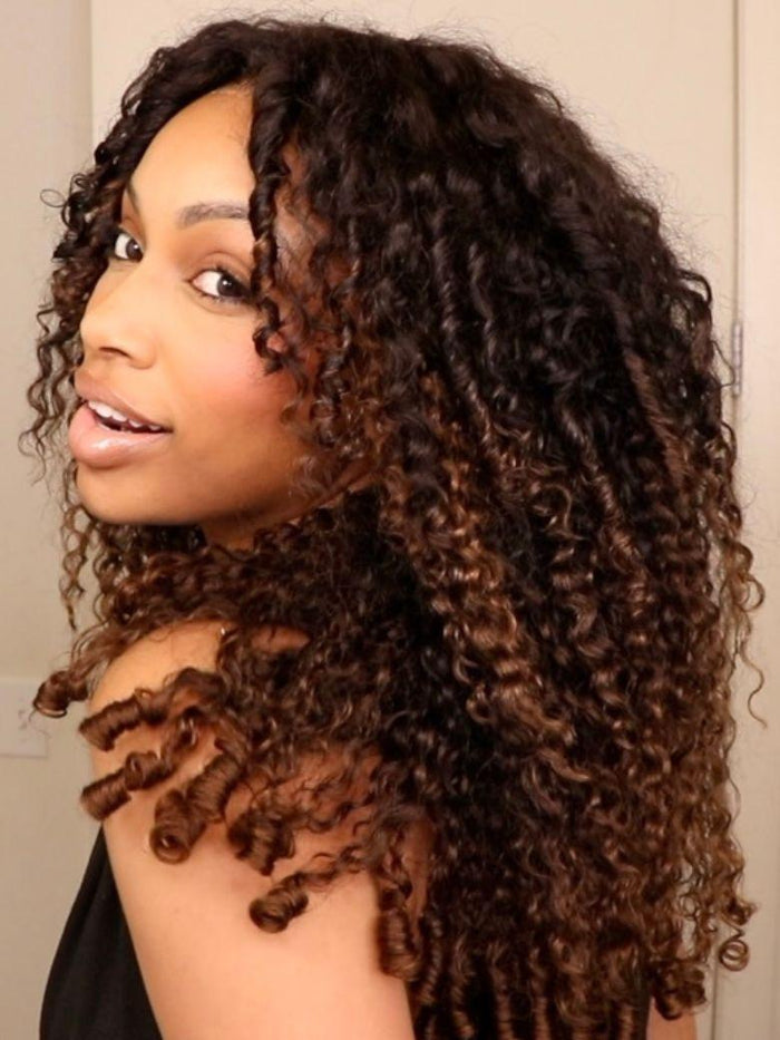 Petaluxe Glueless Curly Wig With Defined Finger Coil Ends 100% Human Hair Black to Chestnut Brown Ombre Bye-Bye Knots? 7x5 Lace Drawstring Wig