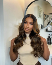 Brown Hair With Highlights Body Wave Wig With Face Framing Layers Beginner Friendly V Part 150% Density