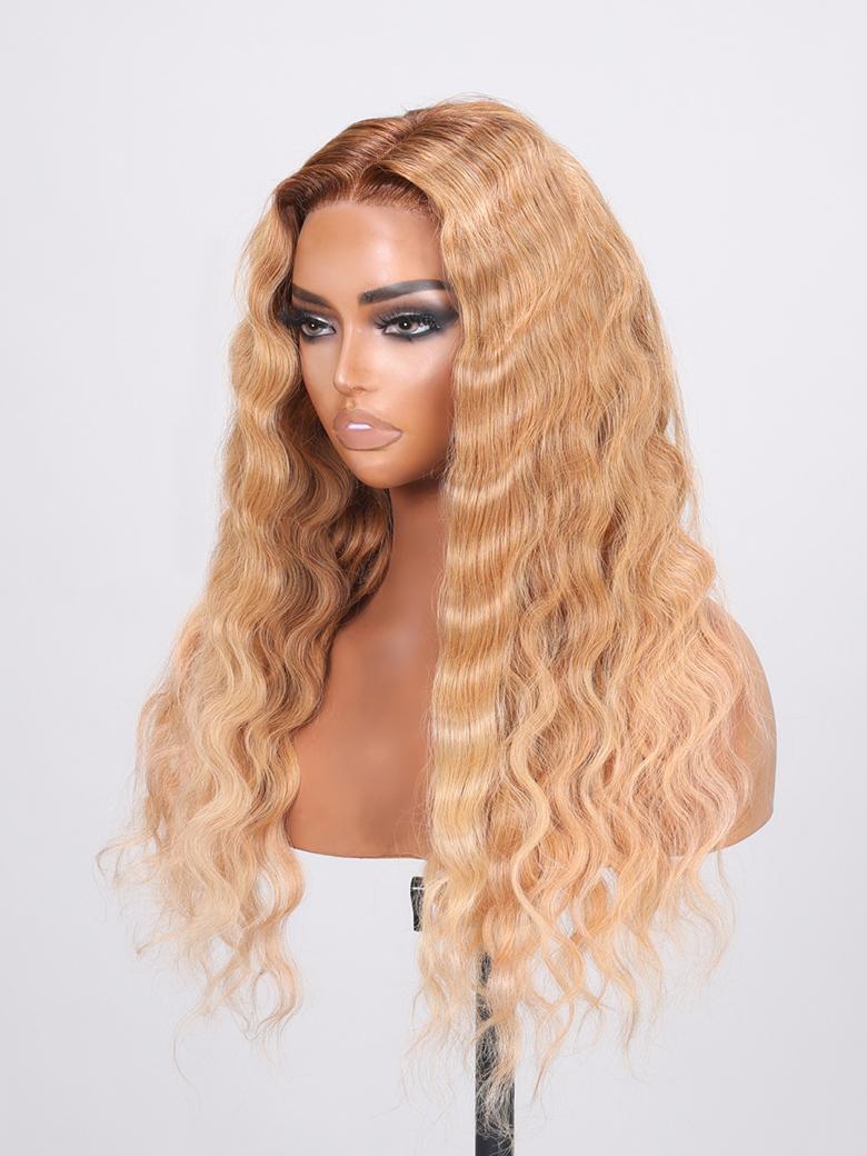 13x4 Lace Front Light Blonde With Brown Roots Deep Wave Wig