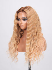 13x4 Lace Front Light Blonde With Brown Roots Deep Wave Wig