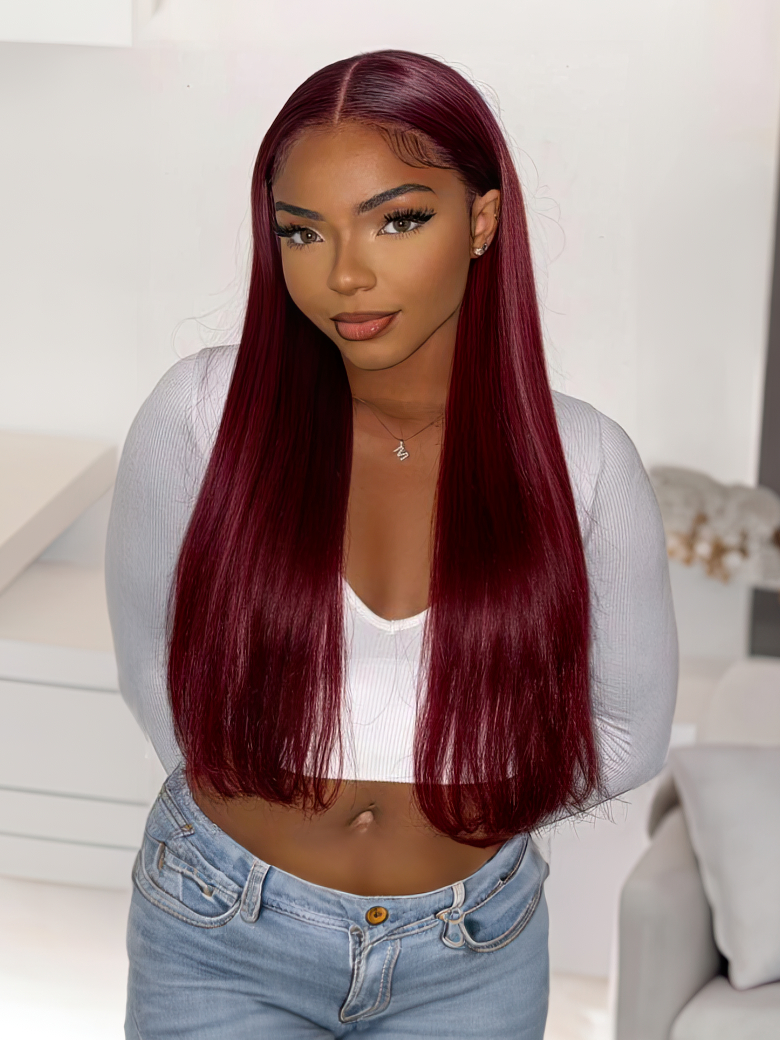 Lace Part 99J Pre Plucked Burgundy Virgin Straight Hand Tied Hair Line Wig