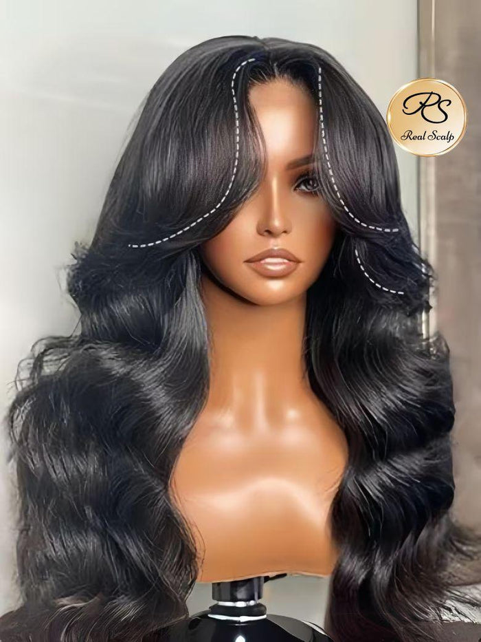 Petaluxe Real Scalp? Wig 13x4 Invisible Lace Frontal Loose Wave with Face Framing Curtain Bangs