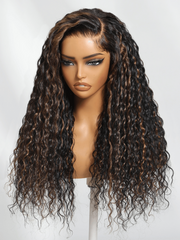 Bye-Bye Knots 7x5 Lace Water Wave Black Wig With Golden Brown Highlights