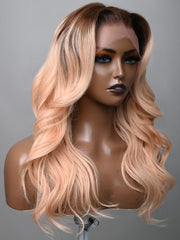 20 Inch 13x4 Lace Front Peachy Blonde Body Wave Wig With Dark Roots
