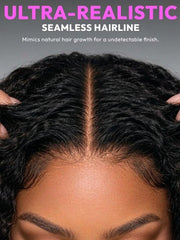 Close-up of glueless human hair wig featuring seamless hairline and realistic scalp appearance