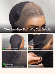 13x4 and 7x5 Bye-Bye Slip wig cap diagram comparing lace sizes, combs, and adjustable fit details.