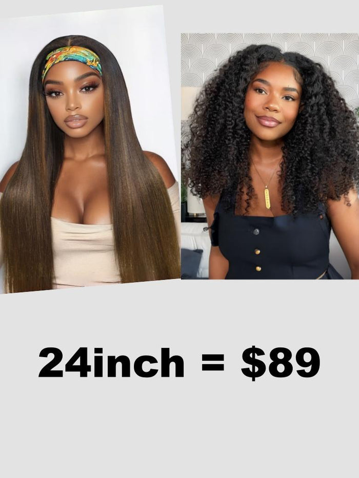 Petaluxe 24"-28" Glueless Headband Yaki Straight& V part  Kinky Curly Wig Low to $89 Limited Stock