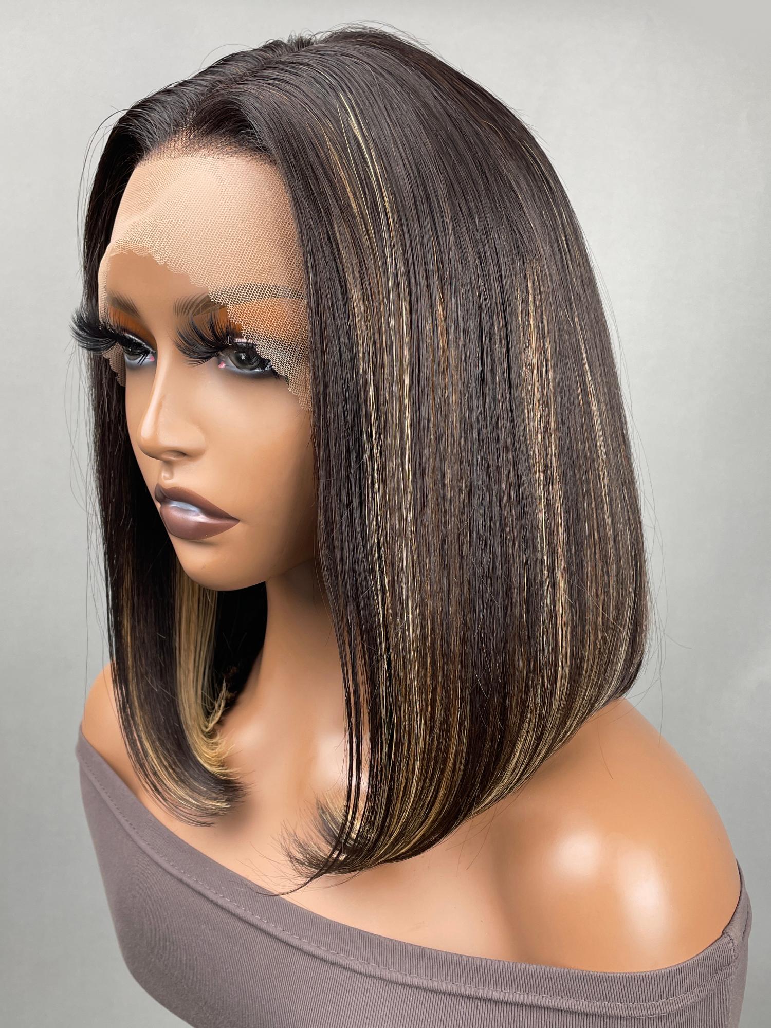 13x4 Lace Front Black Straight Bob Wig With Subtle Blonde Highlights