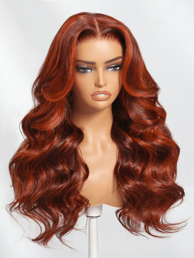 ByeBye Knots 7x5 Lace Red Orange Highlights Wig with Face Framing Layers Loose Wave 150% Density