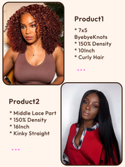 2 Wigs $150 for 16" Middle Lace Part Kinky Straight Wig & 10" Byebye Knots 7x5 Lace Reddish Brown Curly Wig