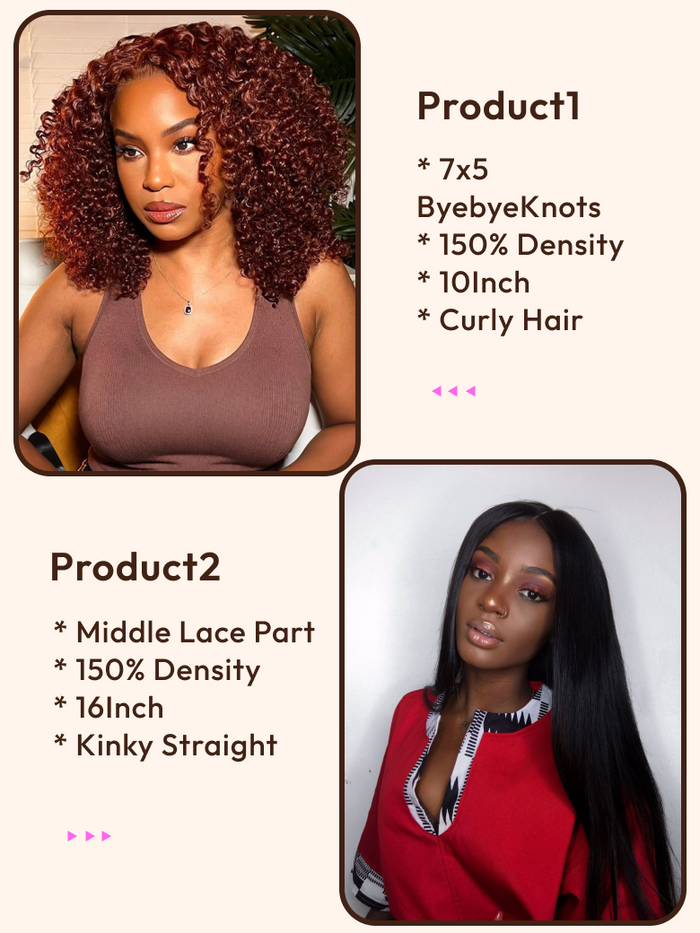 Petaluxe 2 Wigs $150 for 16" Middle Lace Part Kinky Straight Wig & 10" Byebye Knots 7x5 Lace Reddish Brown Curly Wig