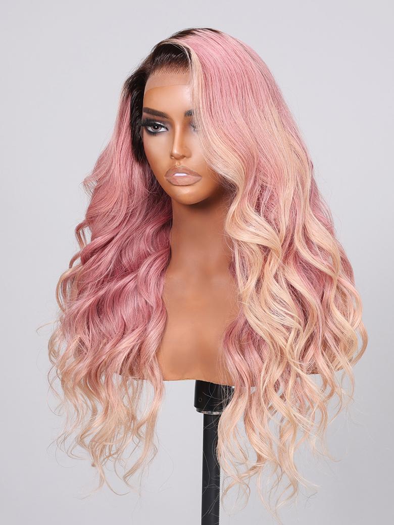 13x4 Lace Front Peach Blonde Loose Wave Wig With Brown Roots