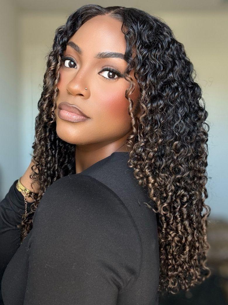 [With Drawstring] Summer Color 7x5 Bye Bye Slip? Glueless Lace Black to Chestnut Brown Ombre Burmese Curly With Finger Coil Ends Wig