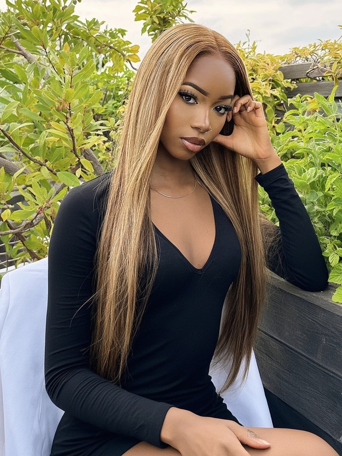Petaluxe [24"=$159] Put On And Go 6x4.5 Pre Cut Lace with Baby Hair Honey Blonde Highlights Straight Hair Air Wig