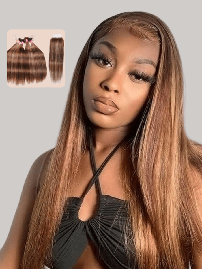 Petaluxe Honey Blonde Piano Highlighted Straight 4Pcs Bundles With Closure