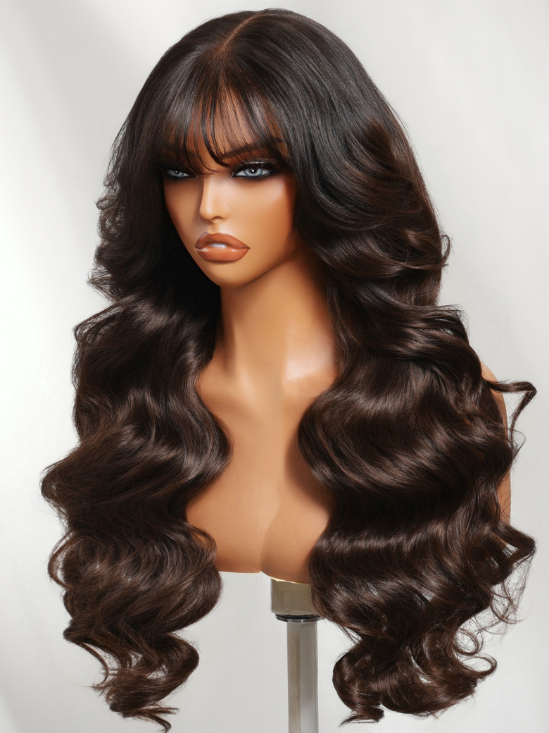 7x5 Bye Bye Slip? Lace Black to Chocolate Brown Ombre Fluffy Loose Wave Wig with Wispy Bangs