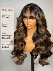 7x5 Bye-Bye Knots? & 13x4 Pre-Everything? & HD Lace Frontal Pull And Go Black Fluffy Natural & Balayage Highlights Loose Wave Curtain Bangs Wig