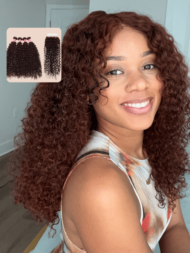 Dark Auburn Jerry Curl Remy Human Hair 4 Bundles With Closure Deal