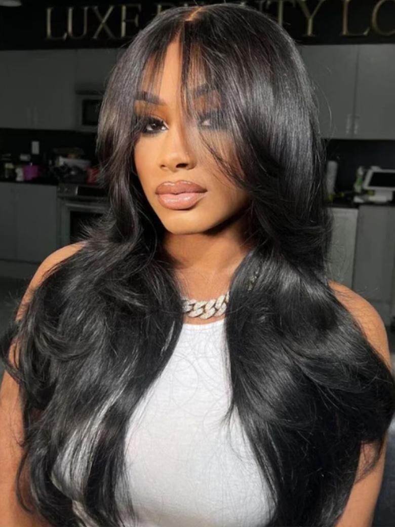 13x4 Pre-Everything Glueless Lace Frontal Fluffy Layer Natural Loose Wave Wig With Air Bangs