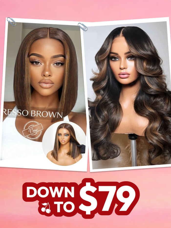 Petaluxe 13x4 Drawstring Brown With Caramel Highlights Yaki Loose Wig& 7x5 Espresso Brown Middle Part Blunt Bob Wig