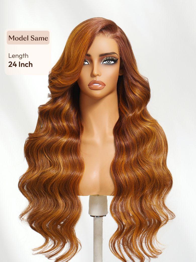 13x4 Pre-Everything? Lace Frontal Copper Ginger With Highlights Loose Body Wave Wig with Invisi Drawstring