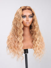 13x4 Lace Front Light Blonde With Brown Roots Deep Wave Wig