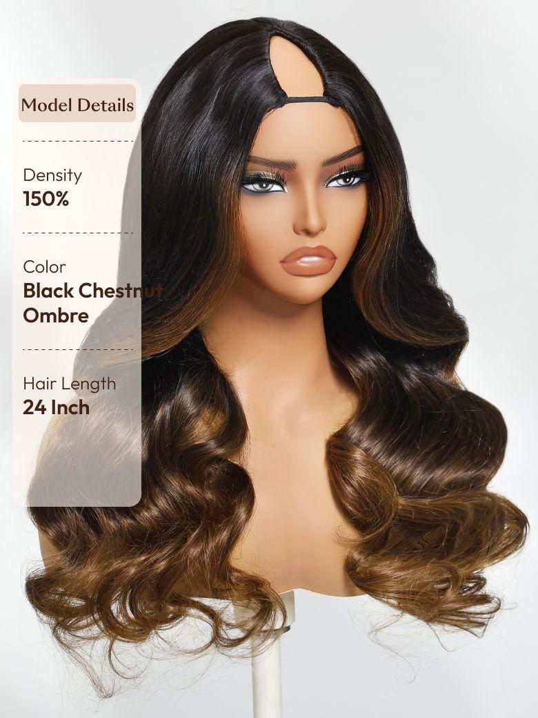 EasiContour? V Part Black to Chestnut Brown Ombre Body Wave Wig With Invisi Drawstring
