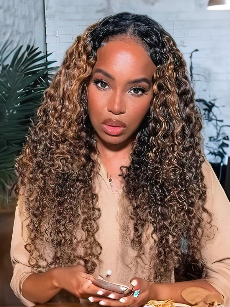 [24"=$99] Glueless Balayage Color Highlights Glueless U Part Curly Hair Beginner Friendly Wig