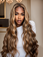 Pre-Plucked Body Wave Honey Blonde Highlight Lace Wigs Human Hair 150% Colored Wigs