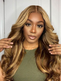 Petaluxe [22"=$99] 4x4 Lace Closure Wig Honey Blonde Highlights Body Wave 150% Densiyt Wig