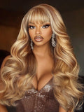 Petaluxe Honey Blonde Highlights Fluffy Loose Wave Full Bangs 13x4 Pre-Everything? Lace Frontal Wig