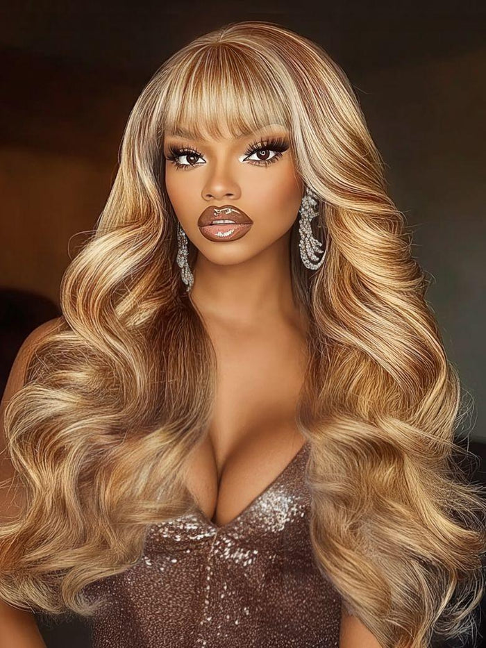 Petaluxe [$50 Off Every $100] Honey Blonde Highlights Fluffy Loose Wave Full Bangs 13x4 Pre-Everything? Lace Frontal Wig