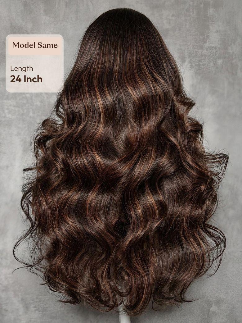7x5 Bye Bye Slip? Lace Chocolate Brown Loose Wave Drawstring Wig with Platinum Blonde Highlighted Face Framing Layers