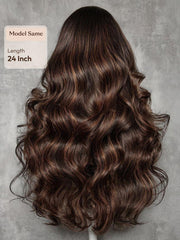 7x5 Bye Bye Slip? Lace Chocolate Brown Loose Wave Drawstring Wig with Platinum Blonde Highlighted Face Framing Layers