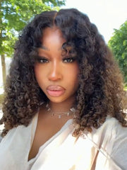 7x5 Bye Bye Slip? Glueless Lace Black to Chestnut Brown Ombre Burmese Curly With Finger Coil Ends Wig-Put On & Go With Invisi Drawstring
