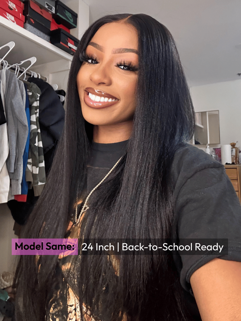 [18"=$99] EasiContour? V Part Glueless Yaki Straight Wig With Invisi Drawstring 100% Human Hair 180% Density