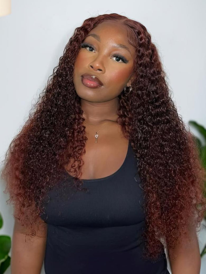 Petaluxe Bye Bye Knots Wig Reddish Brown Glueless 7x5 Lace Curly Wig 180% Density With Bleached Knots