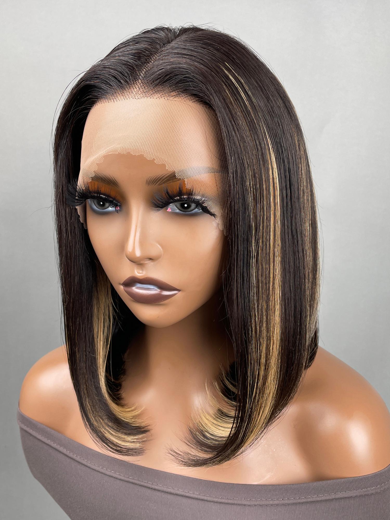 13x4 Lace Front Black Straight Bob Wig With Subtle Blonde Highlights