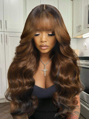 Bye-Bye Knots 13x4 Black with Brown Money Piece Natural Fluffy Loose Wave Curtain Bangs Wig