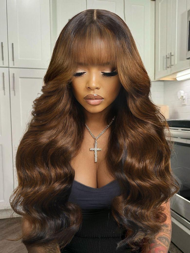Bye-Bye Knots 13x4 Black with Brown Money Piece Natural Fluffy Loose Wave Curtain Bangs Wig