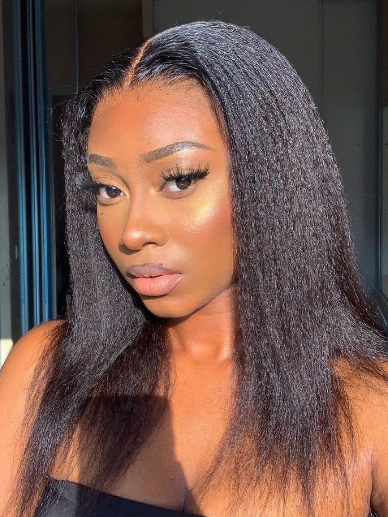 6x4.5 Pre Cut Lace Put On And Go Glueless Kinky Straight Black Air Wig