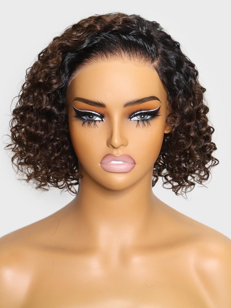 Bye-Bye Knots Lace Frontal Side Part Wig Chestnut Brown Ombre Short Curly Bob Wig