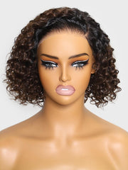 Bye-Bye Knots Lace Frontal Side Part Wig Chestnut Brown Ombre Short Curly Bob Wig