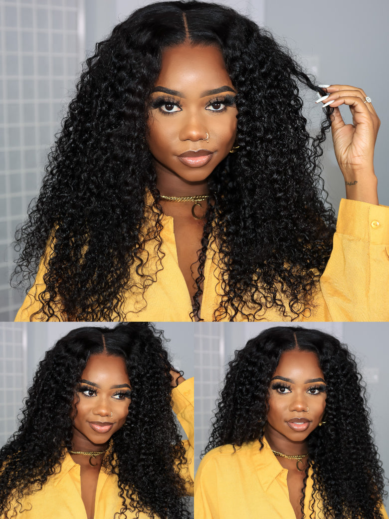 [18 Inch=$79] Glueless V Part 0 Skill Needed Wig Beginner Friendly Natural Scalp Curly Human Hair Upgraded U part Wig Without Leave out