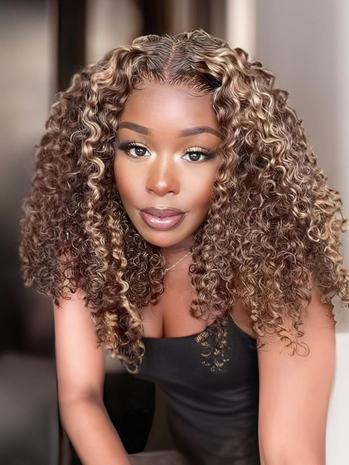 Petaluxe Bye Bye Knots Wig 7x5 Glueless Lace Honey Blonde Jerry Curly Bleached Knots Wig 150% Density